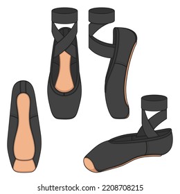 Set of color illustrations with black pointe shoes, ballet shoes. Isolated vector objects on white background.