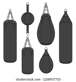 Set of color illustrations with a black punching bag, boxing pears. Isolated vector objects on white background.