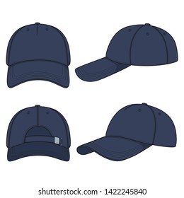 Set of color illustrations with a blue denim baseball cap. Isolated vector objects on white background.