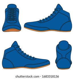 Conjunto de ilustraciones en color con zapatos de lucha azul, zapatos deportivos. Objetos vectoriales aislados en un fondo blanco.