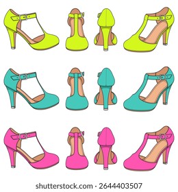 Set of color illustrations with bright female shoes with clasp on the heel. Isolated vector objects on white background.