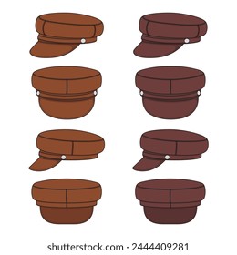 Set of color illustrations with brown peaked cap, forage cap. Isolated vector objects on white background.