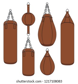 Set of color illustrations with a brown punching bag, boxing pears. Isolated vector objects on white background.