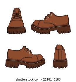 Set of color illustrations with brown shoes, boots. Isolated vector objects on white background.