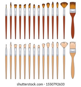 Set of color illustrations with brushes for painting. Isolated vector objects on a white background.