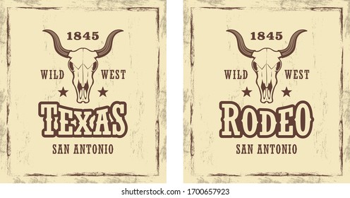 Set of color illustrations of a buffalo skull with text and stars on a background with grunge texture. Vector illustration on the theme of the wild west of America in vintage style.