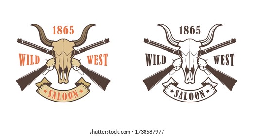 Set of color illustrations of a buffalo skull, crossed guns, ribbon, text and stars on a white background. Vector illustration touts saloon in the wild west. American Western.