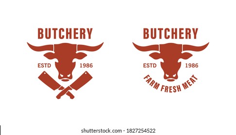 Set of color illustrations bull, cleaver, text on a white background. Vector illustration advertises butcher shop, butchery. Illustration for logos, emblems.