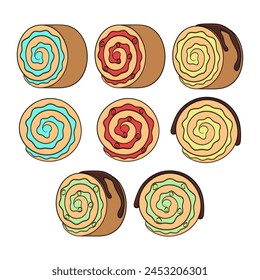 Set of color illustrations with cake roll. Isolated vector objects on a white background.