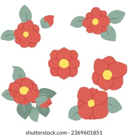 A set of color illustrations of camellia with simple deformation