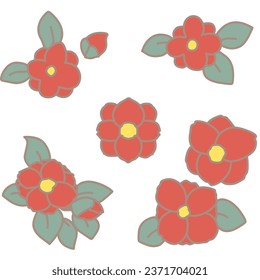 A set of color illustrations of camellia with simple deformation