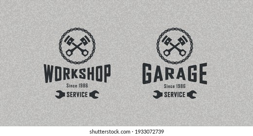 Set of color illustrations of a chain, piston, wrench and text on a background with a texture. Vector illustration in vintage style for emblem, poster, label, badge. Repair and service workshop.