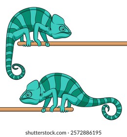 Set of color illustrations with chameleon. Isolated vector object on white background.