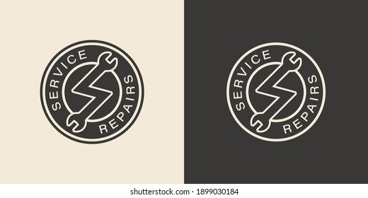 Set of color illustrations of circle, wrench, lightning and text on the background. Vector illustration for logo, label, badge, symbol and sticker. Service and repair workshop.