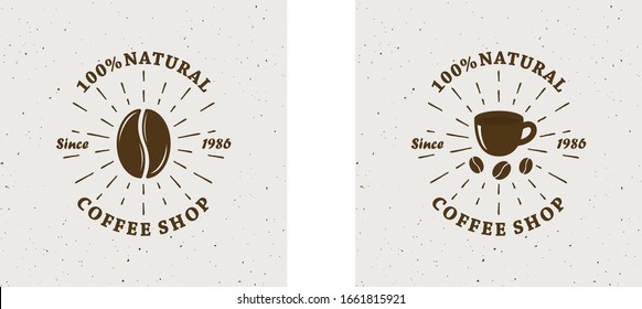Set of color illustrations of a coffee shop on a background with grunge texture. Vector illustration of coffee bean, cup, rays and text. Illustration in vintage style advertise the sale of coffee.