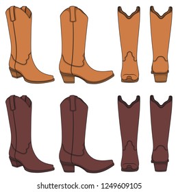 Set of color illustrations with cowboy boots. Isolated vector objects on white background.