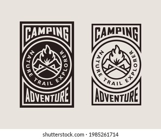 Set of color illustrations of crossed axes, fire and text on the background. Vector illustration in vintage style for poster, emblem, print, label and sticker. Camping. Wildlife travel.