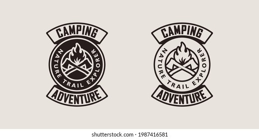 Set of color illustrations of crossed axes, fire and text on the background. Vector illustration in vintage style for poster, emblem, print, label and sticker. Camping. Wildlife travel.