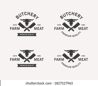 Set of color illustrations of crossed knives, bull, ribbon and text on the background. Vector illustration in vintage style advertises a butcher shop. Illustration for logos, emblems.