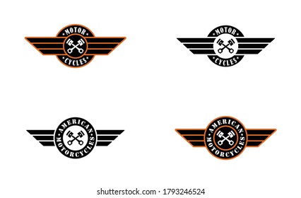 Set of color illustrations of crossed piston, wings and text on a white background. Vector illustration in vintage style advertising of American motorcycles. Biker club logo.