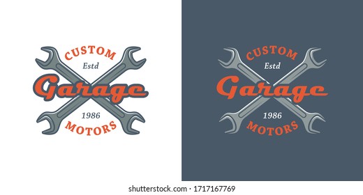 Set of color illustrations crossed wrenches, text on a colored background. Vector illustration advertise workshop for transport repair services. Auto repair shop logo.