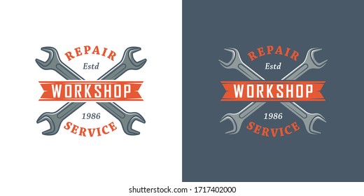 Set of color illustrations crossed wrenches, ribbon and text on a colored background. A vector illustration advertises equipment repair service workshop. Workshop logo.