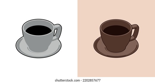 A set of color illustrations of a cup and saucer on a background. Vector graphics. Design element for poster, banner, badge, sticker, print, label. Vintage illustration. Coffee advertisement.