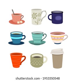 Set of color illustrations with cups on white background.