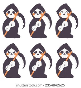 A set of color illustrations of cute deformed reapers with various expressions