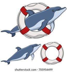 Set of color illustrations with a dolphin and a life buoy. Isolated objects on white background.