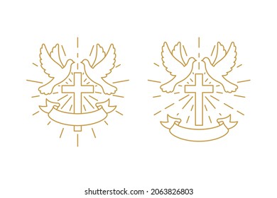 Set of color illustrations of doves, rays and ribbon on a white background. Design element for emblem, poster, label, sticker and badge. Vector illustration in vintage style. Religious symbolism.