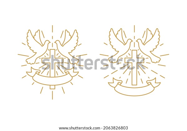 Set of color illustrations of doves, rays and\
ribbon on a white background. Design element for emblem, poster,\
label, sticker and badge. Vector illustration in vintage style.\
Religious symbolism.