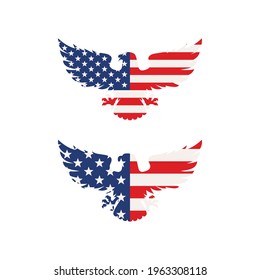 Set of color illustrations of an eagle, flag on a white background. Vector illustration in vintage style for emblem, poster, label, badge. Symbols of the USA. Independence Day.