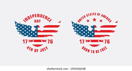 Set of color illustrations of eagle, flag, stars and text on the background. Vector illustration in vintage style for emblem, poster, label, badge, postcard. Symbols of the USA. Independence Day.