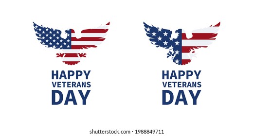 Set of color illustrations of eagle, flag, text on white background. Designer element for emblem, poster, icon, label and stickers. Day of veterans in the USA. Vector illustration. US symbol.