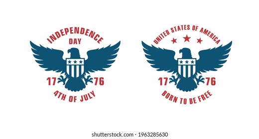 Set of color illustrations of eagle, shield, flag and text on background.Vector illustration in vintage style for poster, emblem, postcard, label. Independence Day of the USA. Symbols of the USA.