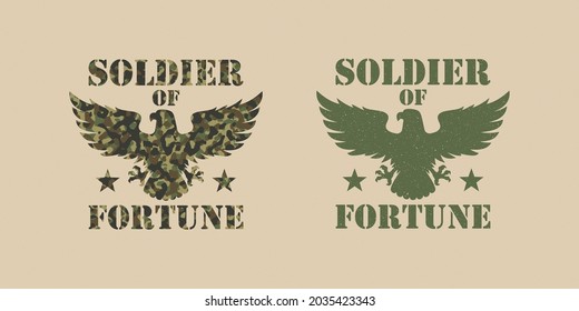 Set of color illustrations eagle, star, text on a background with a grunge texture. Design element for poster, banner, emblem, print and sticker. Vector illustration. Army symbol.