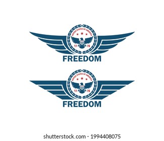 Set of color illustrations of eagle, wings, stars, wreath and text on a white background. Vector illustration in vintage style for emblem, sticker, label, badge, print. Symbols of the USA.