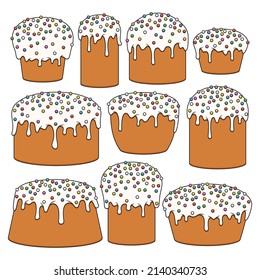 Set of color illustrations with Easter cakes. Isolated vector objects on a white background.