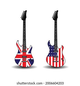 Set of color illustrations of electric guitar, flag on a white background. Design element for poster, emblem, label, sticker. Vector illustration. Musical symbolism.