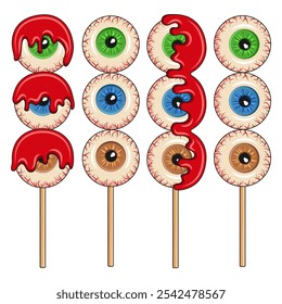 Set von farbigen Illustrationen mit Augenbonbons auf Stick für Halloween. Isolierte Vektorobjekte auf weißem Hintergrund.