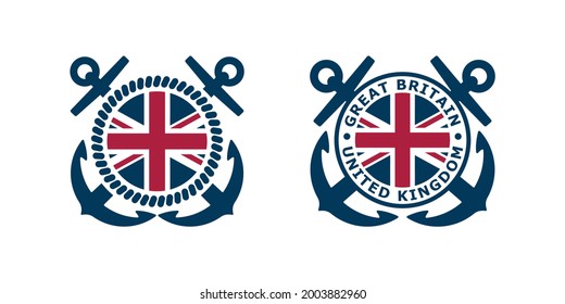 Set of color illustrations of flag, anchor, rope and text on a white background. Design element for emblem, badge, sticker and label. Vector illustration. Marine insignia of Great Britain.