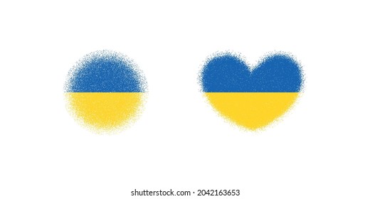 Set of color illustrations of flag, circle, heart on a white background. Design element for emblem, sticker, label, sticker and badge. Vector illustration with grunge texture. Ukraine symbol.