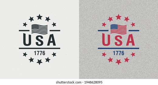 Set of color illustrations of flag, stars and text on a background with a grunge texture. Vector illustration in vintage style for poster, print, emblem, badge. Symbols of the USA.