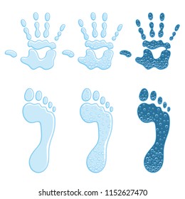 Set of color illustrations with a footprint and a handprint. Isolated vector objects on white background.