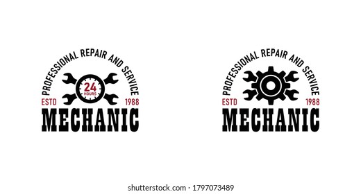 Set of color illustrations of gear, clock, crossed wrenches and text on a white background. Vector illustration advertises repair services 24 hours. Workshop logo. Mechanic services.