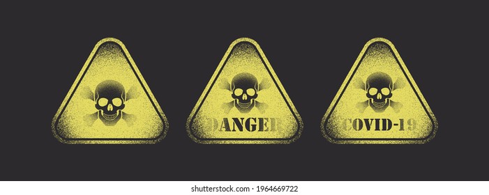 Set von Farbillustrationen mit Grunge Textur Schädel, Dreieck, Text auf dem Hintergrund.Vektorgrafik im Vintage-Stil für Emblem, Druck, Abzeichen, Etikett, Aufkleber.Danger sign.Coronavirus Epidemie.