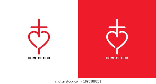 Set of color illustrations heart, cross, text on a white and red background. Vector illustration for emblem, badge, sticker. Christian symbolism. Church logo.