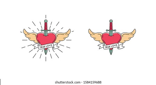 Set of color illustrations a heart with a dagger and wings in the rays and a ribbon with text on a white background. Vector illustration on the theme of love and Valentine's Day.