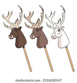 Set of color illustrations with hobby horse deer toy on stick. Isolated vector objects on white background.